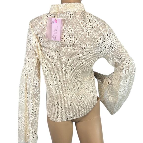 forte_forte Italian Lace Button Up Blouse Cream Sheer Bell Sleeve Designer Top L - Picture 4 of 11